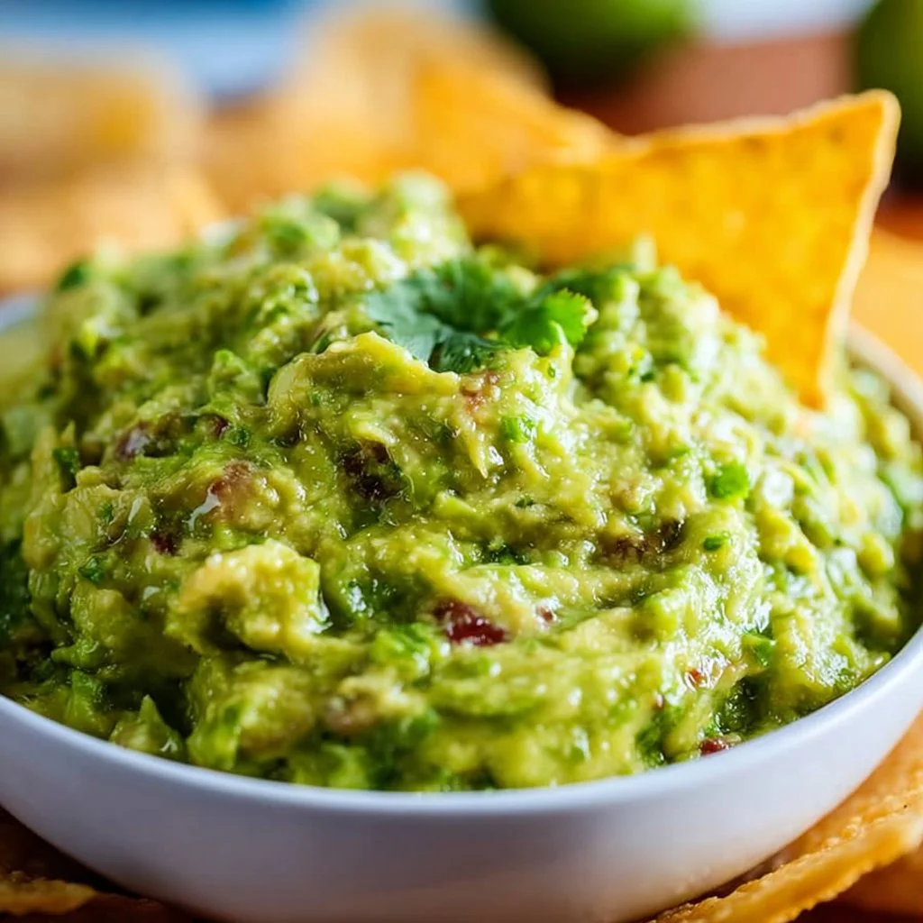 Bowl of authentic guacamole made with ripe avocados and fresh ingredients