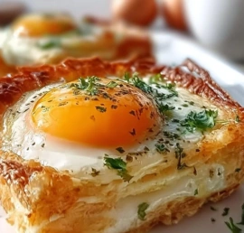 Baked Eggs Napoleon served with fresh herbs and ingredients