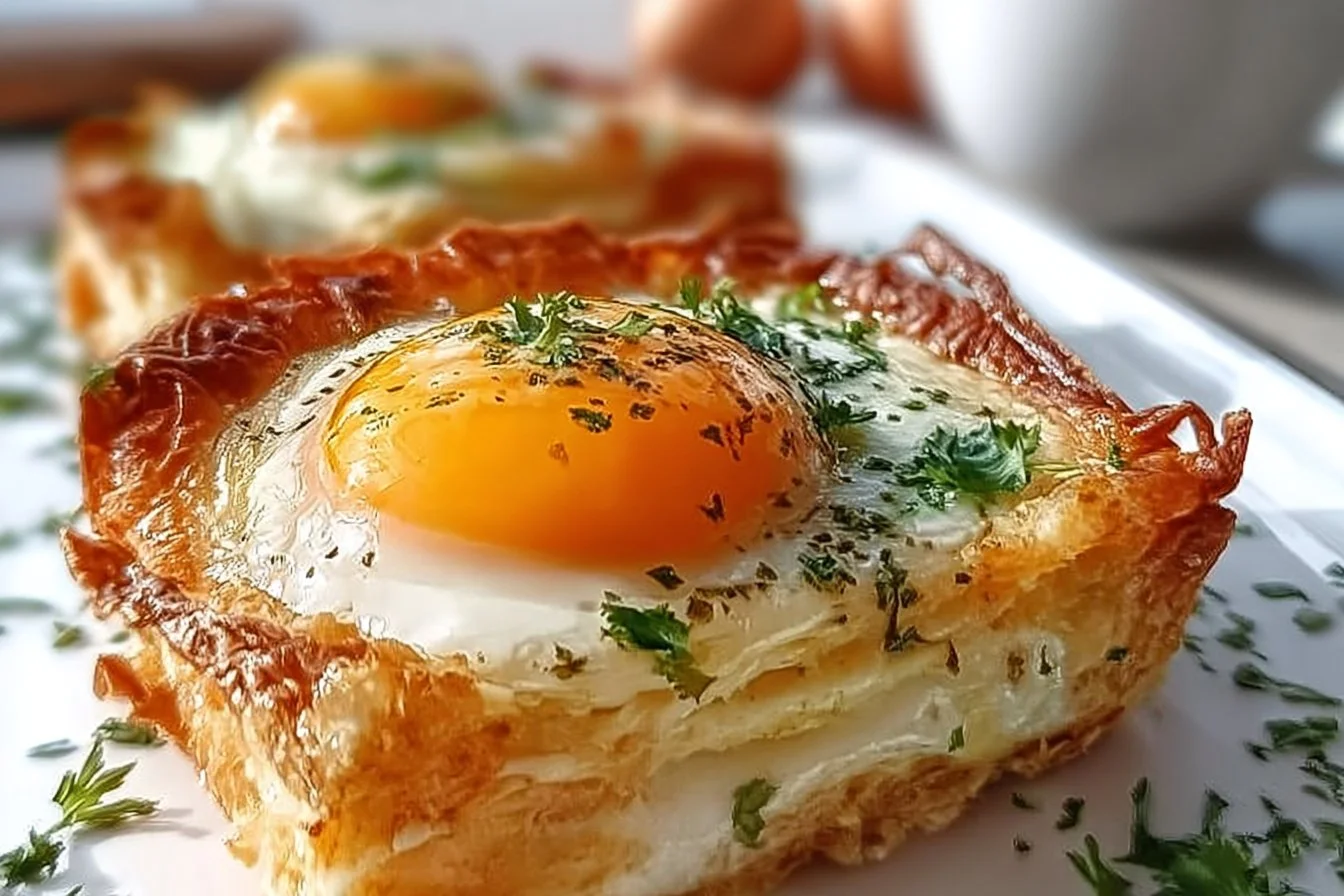 Baked Eggs Napoleon served with fresh herbs and ingredients