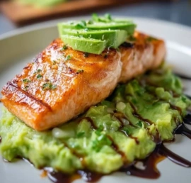 Baked salmon fillet garnished with avocado mash and herbs on a white plate