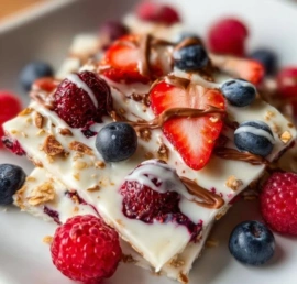 Berry Bliss Yogurt Bark topped with fresh berries and nuts