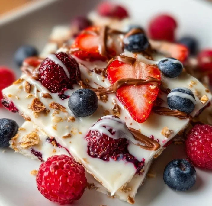 Berry Bliss Yogurt Bark topped with fresh berries and nuts