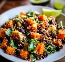 Black Bean Sweet Potato Quinoa Salad with vibrant vegetables and spices