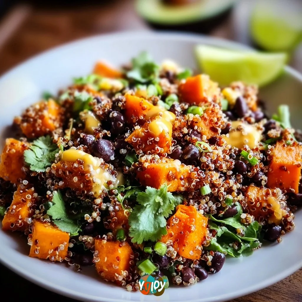Black Bean Sweet Potato Quinoa Salad with vibrant vegetables and spices