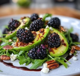 Colorful blackberry avocado salad with arugula and dressing on a plate.