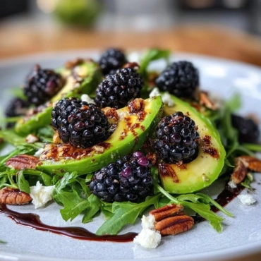 Colorful blackberry avocado salad with arugula and dressing on a plate.