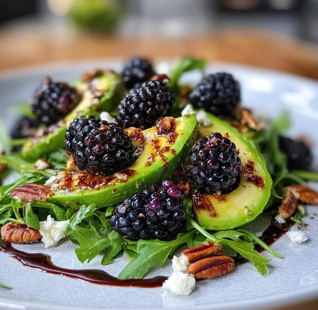 Colorful blackberry avocado salad with arugula and dressing on a plate.