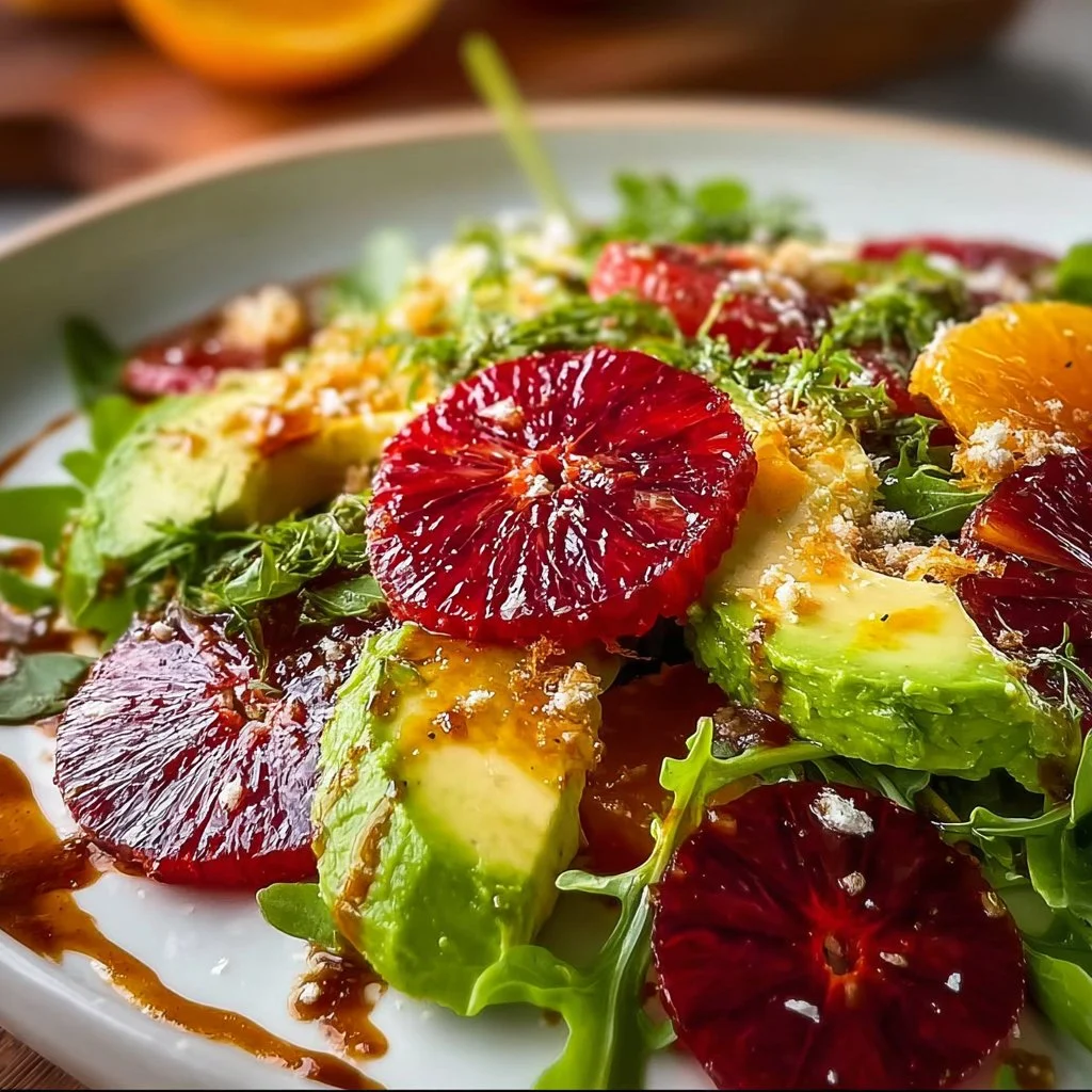 Blood Orange Avocado Salad with fresh greens and citrus dressing