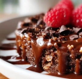 Delicious Brownie Baked Oats topped with chocolate chips and nuts