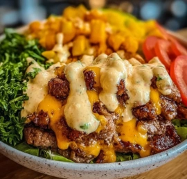 A colorful and delicious burger bowl with fresh ingredients and toppings.