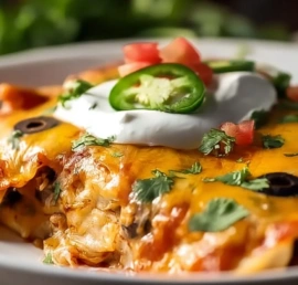 Delicious Chicken Enchilada Casserole topped with cheese and fresh cilantro