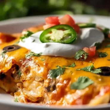 Delicious Chicken Enchilada Casserole topped with cheese and fresh cilantro