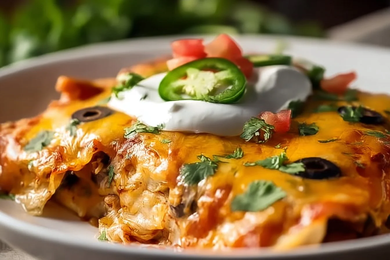 Delicious Chicken Enchilada Casserole topped with cheese and fresh cilantro