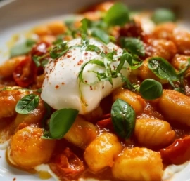 Creamy tomato gnocchi with burrata served in a bowl