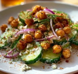 Crispy Cucumber Chickpea Ranch Salad with fresh vegetables and dressing