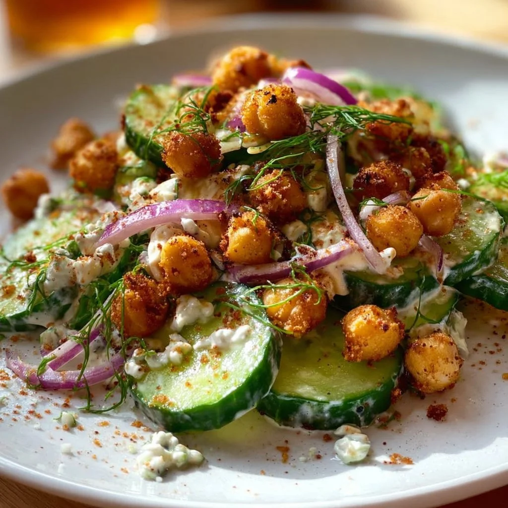 Crispy Cucumber Chickpea Ranch Salad with fresh vegetables and dressing