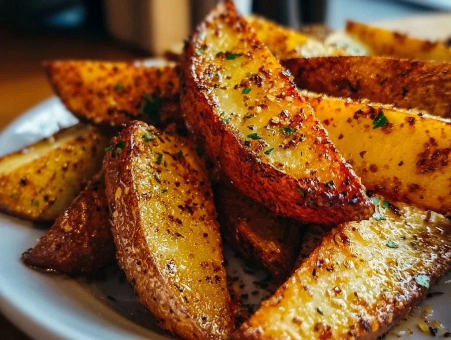 Crispy oven baked potato wedges served on a plate