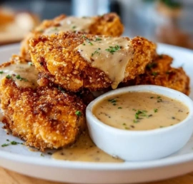 Plate of crispy vegan fried chicken served with rich gravy