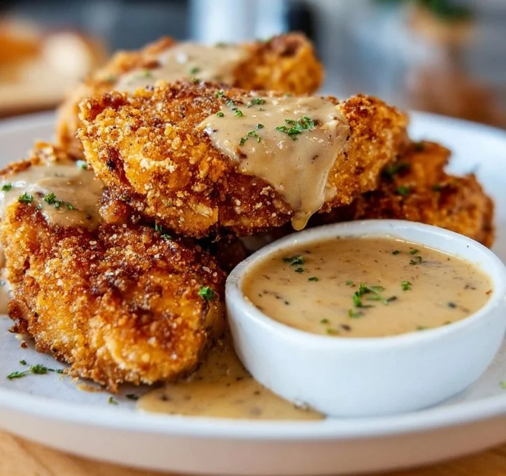 Plate of crispy vegan fried chicken served with rich gravy