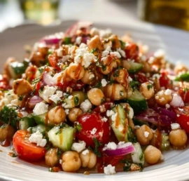 Colorful Mediterranean Chickpea Salad with fresh veggies and herbs.