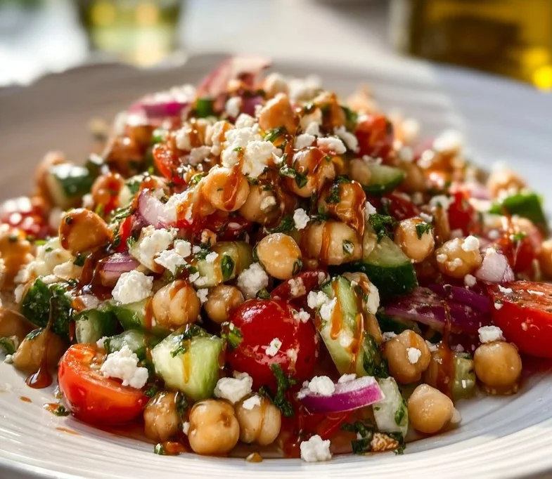 Colorful Mediterranean Chickpea Salad with fresh veggies and herbs.