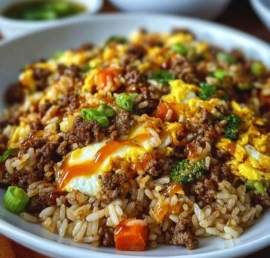 Delicious Egg Fried Rice with Ground Beef served in a bowl
