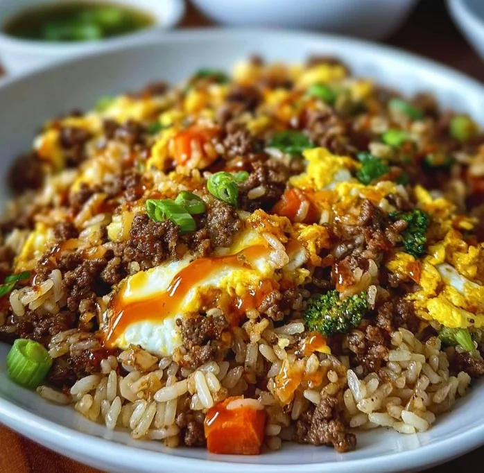 Delicious Egg Fried Rice with Ground Beef served in a bowl