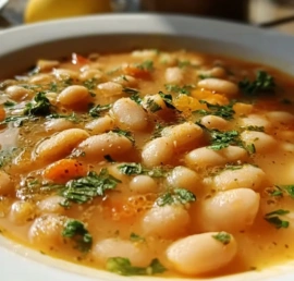 Bowl of Greek White Bean Soup topped with fresh herbs and olive oil.