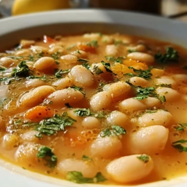 Bowl of Greek White Bean Soup topped with fresh herbs and olive oil.