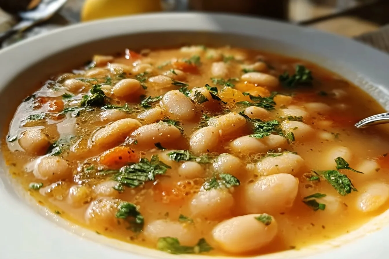Bowl of Greek White Bean Soup topped with fresh herbs and olive oil.