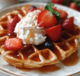 Delicious Greek Yogurt Waffles served with fresh fruits and syrup
