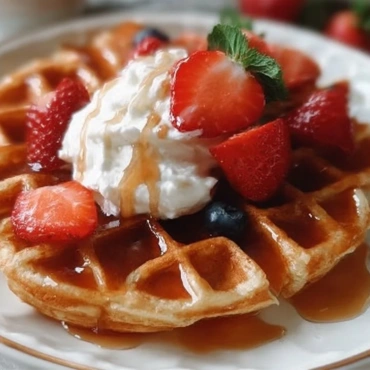 Delicious Greek Yogurt Waffles served with fresh fruits and syrup