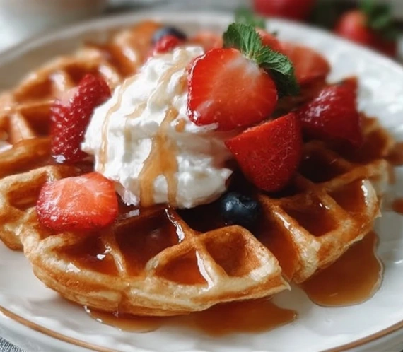 Delicious Greek Yogurt Waffles served with fresh fruits and syrup