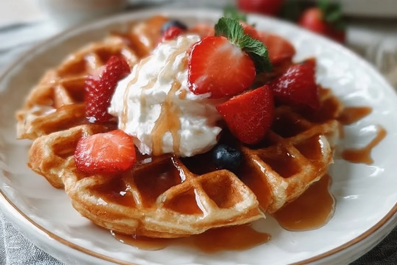 Delicious Greek Yogurt Waffles served with fresh fruits and syrup