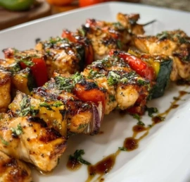 Grilled Greek Chicken Kabob skewers with fresh vegetables and herbs.