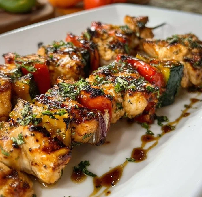 Grilled Greek Chicken Kabob skewers with fresh vegetables and herbs.