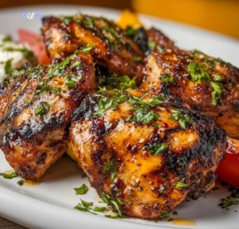 Delicious grilled Mediterranean chicken thighs garnished with fresh herbs