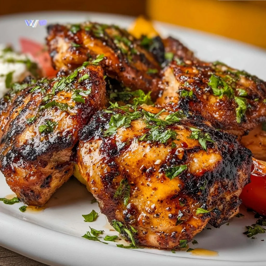 Delicious grilled Mediterranean chicken thighs garnished with fresh herbs