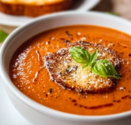High protein tomato soup in a bowl with fresh herbs garnish