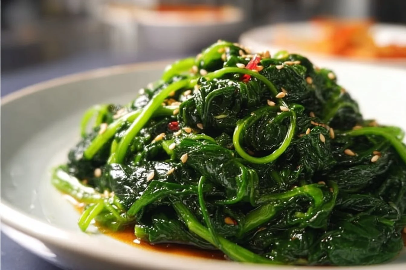 Korean spinach side dish Sigeumchi Namul served in a bowl