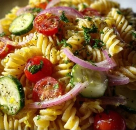 Fresh Lemon Dijon Pasta Salad with vegetables and herbs.