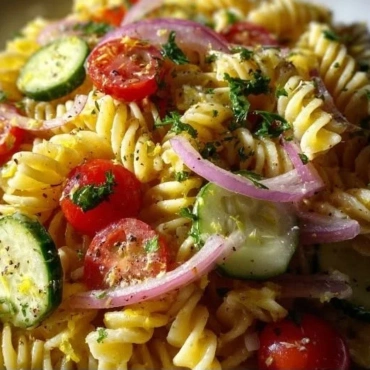 Fresh Lemon Dijon Pasta Salad with vegetables and herbs.
