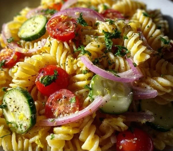 Fresh Lemon Dijon Pasta Salad with vegetables and herbs.