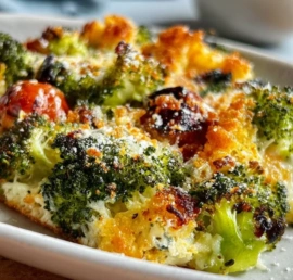 Healthy Mediterranean Broccoli Bake topped with cheese and herbs