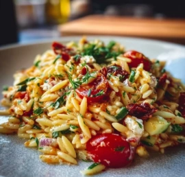 Colorful orzo pasta salad with fresh vegetables and dressing