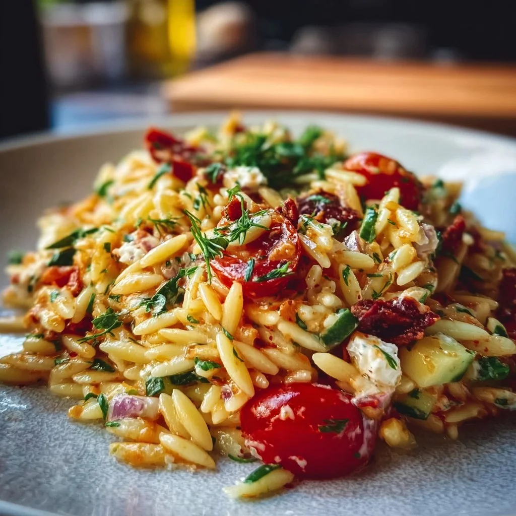 Colorful orzo pasta salad with fresh vegetables and dressing