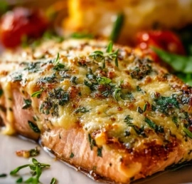 Parmesan Basil Air Fryer Salmon served on a plate with fresh herbs