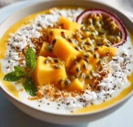 Bowl of Passionfruit Mango Coconut Chia Crunch topped with fruits and coconut flakes