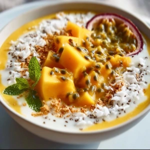 Bowl of Passionfruit Mango Coconut Chia Crunch topped with fruits and coconut flakes