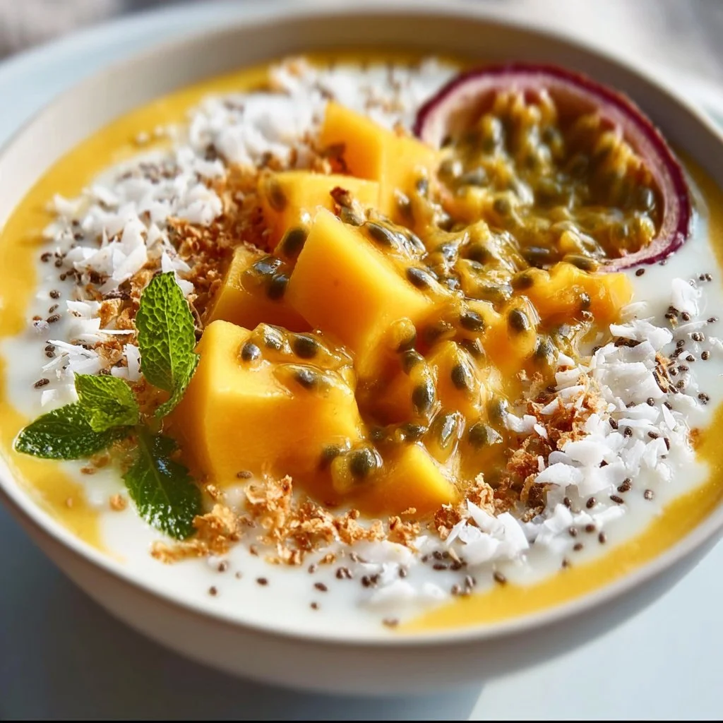 Bowl of Passionfruit Mango Coconut Chia Crunch topped with fruits and coconut flakes